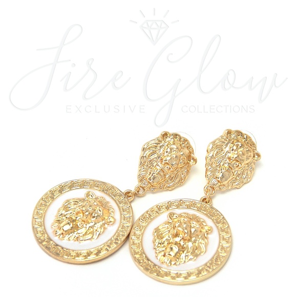 White and Gold Tone Framed Lion Earrings - Picture 4 of 8